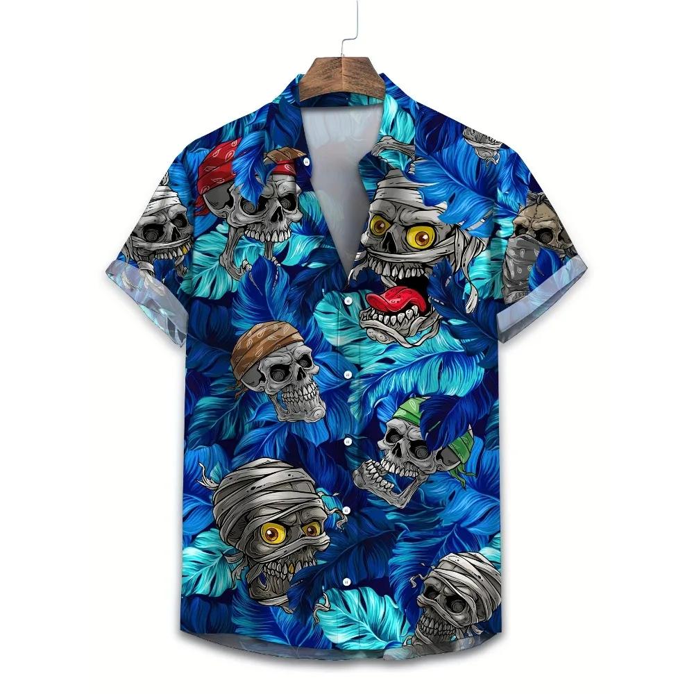 Trendy Hawaiian Short-sleeve Shirt with Skull & Tropical Leaf Prints, Casual Wear.