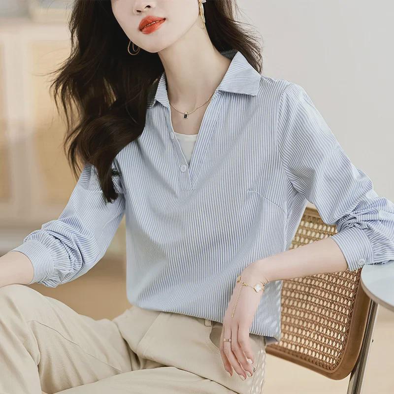 

2023 Chic Autumn Women s Striped Chiffon Two-Piece Long-Sleeve Shirt Medium