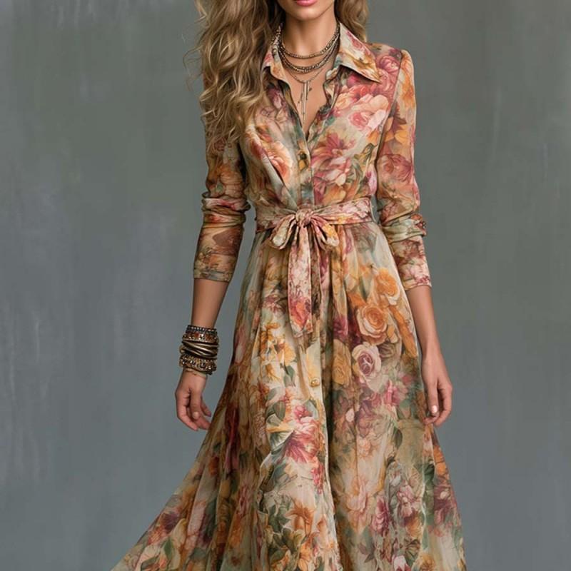 Elegant Long Sleeve Digital Print A-Line Dress With Collar Tie Detail