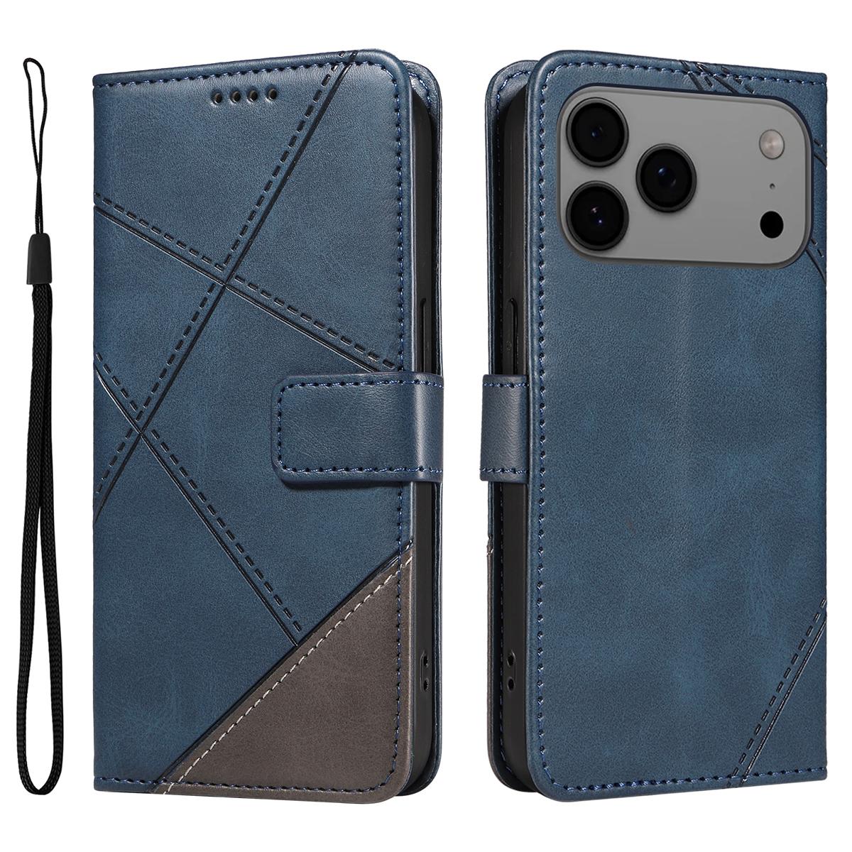 

For iPhone 17 Pro Max Leather Case Geometric Line Design Wallet Phone Cover with Wrist Strap Blue