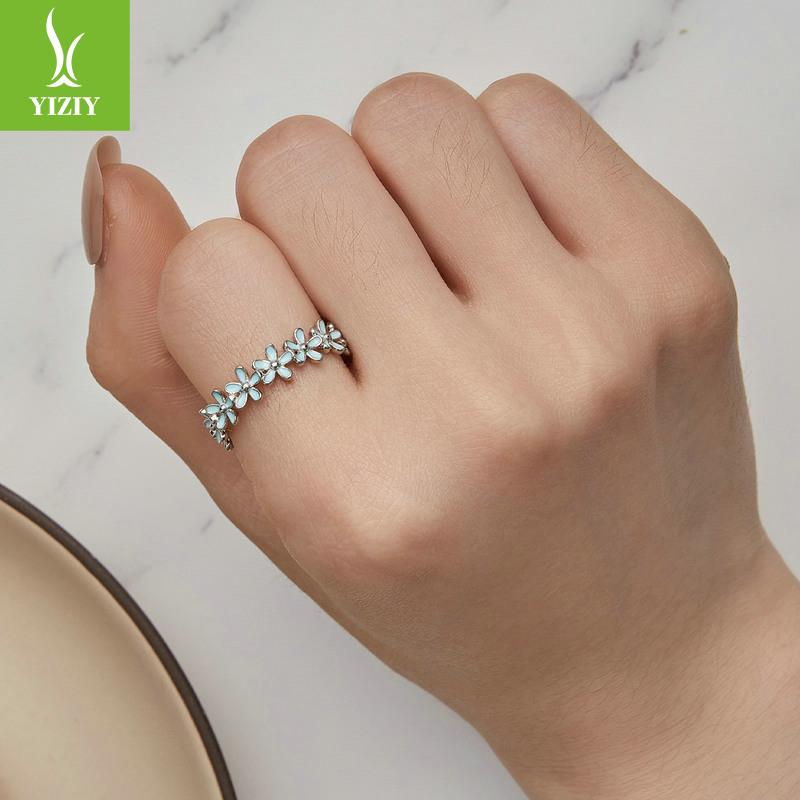 Spring Blue And Green Flower Ring, Light Luxury Small Fresh Flower 925 Sterling Silver Ring Jewelry.