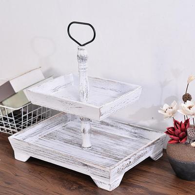 2-Laags Dienblad Houten Gelaagd Displayrek Met Metalen Handvat Rechthoekige Houder Voor Display Huis Keuken Fruit Dessert Voedsel