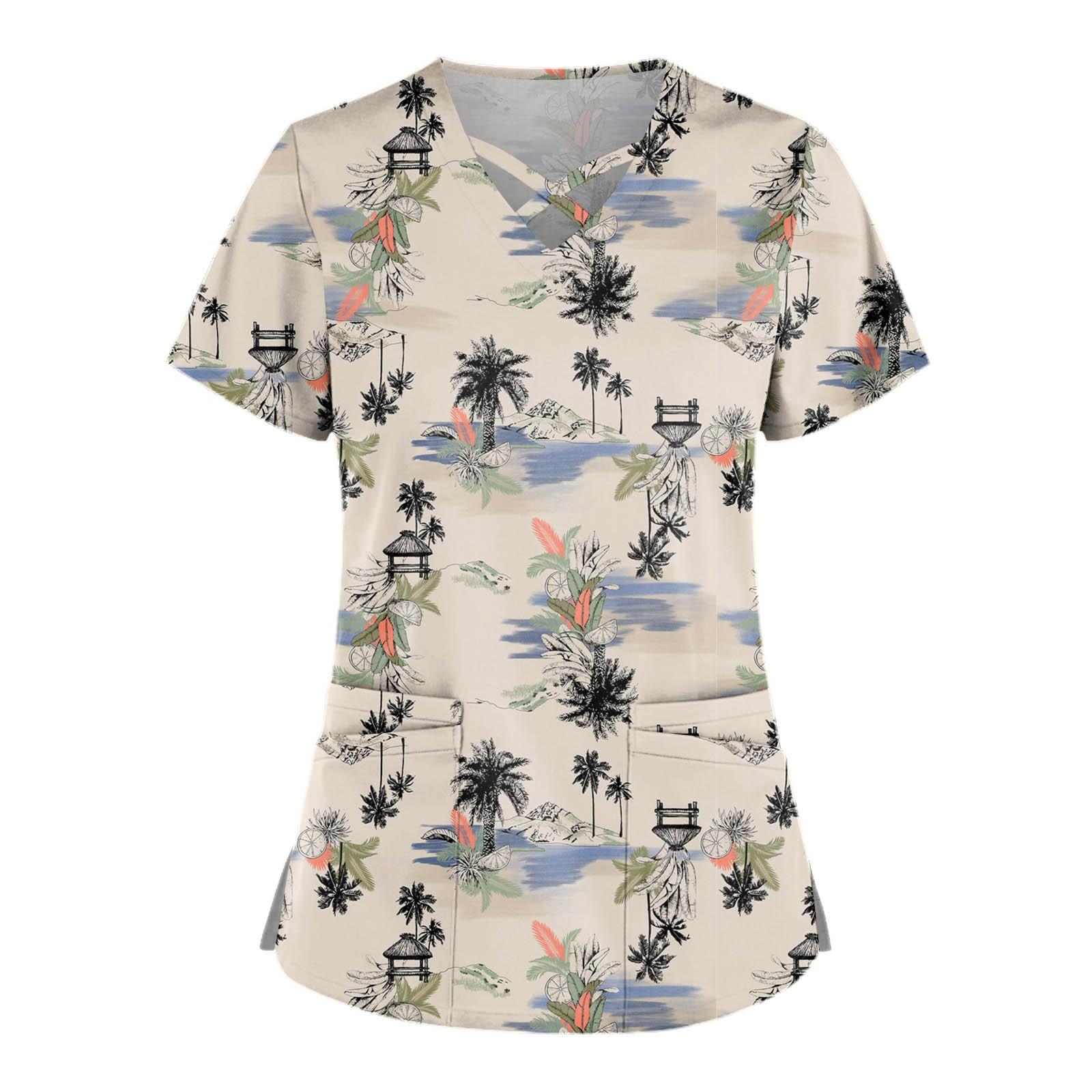 

Плюс размер, милая рабочая форма с принтом, топы для женщин, забавные футболки с перекрестным v-образным вырезом и короткими рукавами, рабочая одежда, футболка с карманами XXXL хаки