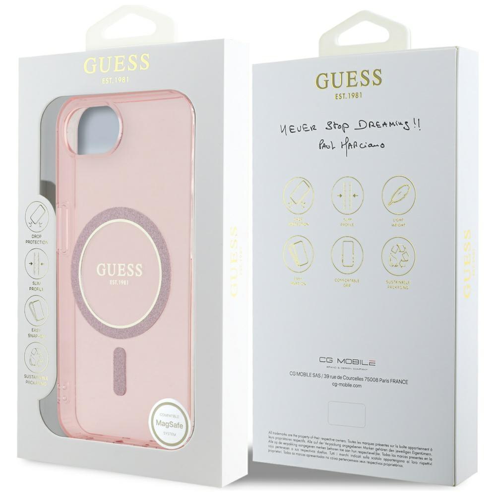 Coque Guess IML Glitter Circle MagSafe pour iPhone 16e / 17e Rose