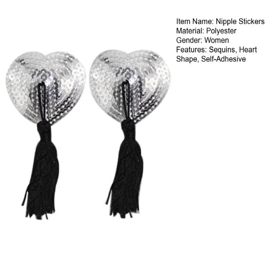1 Pair Nipple Covers Sequins Shiny Heart Shape Nippleless Stickers Tassels Self-Adhesive Invisible Chest Pads for Home