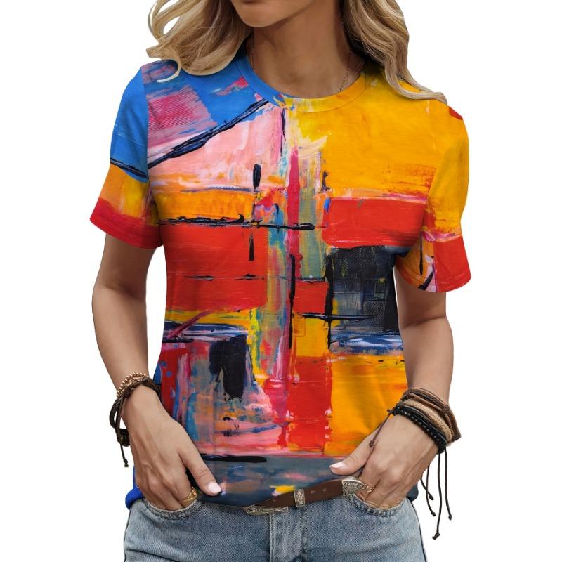 

Tie-dye colorful ink painting graphic casual sports short-sleeved top S