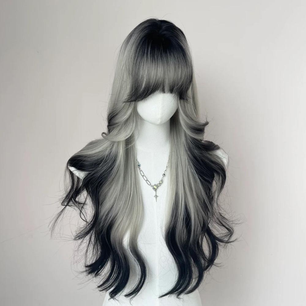 Halloween Long Body Wave Wigs Air Bangs Lolita Cosplay Wigs Black and Gray Gradient Wigs for Women