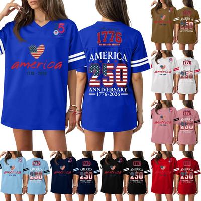 Women's Casual Fashion V-Neck Sports Independence Day Print Short Sleeve Sports T-Shirt Top