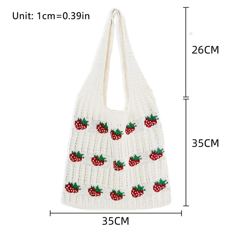 Casual Sweet Strawberry Print Knitted Shoulder Large Capacity Handbag Tote Bag Fashion Shopping Handbags Women Gifts