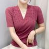 Streetwear Girl Summer Chic Beading Clothes Mesh T-Shirts Sexy V-neck Women's Tops New Casual Short Sleeve Tees