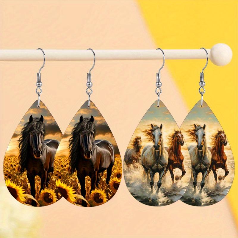 

Серьги-подвески в стиле западного ковбоя с принтом лошади и подсолнуха из ПУ для женщин и девушек, винтажные серьги-капли в западном пасторальном стиле