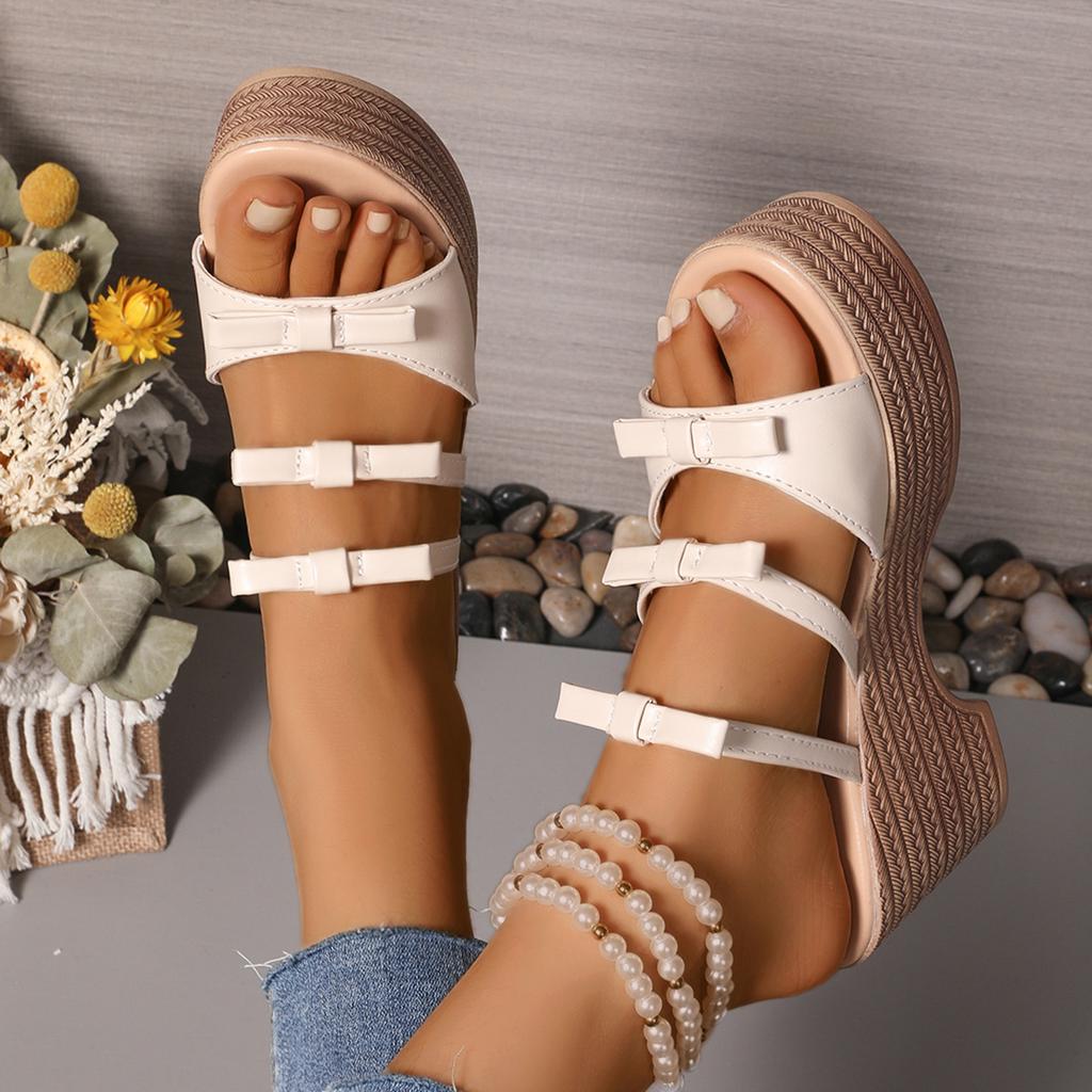 2025 Summer Plus Size Women's Round Toe Platform Wedges Sandals Outdoor Casual Butterfly-knot Slippers for Daily Weave Slippers