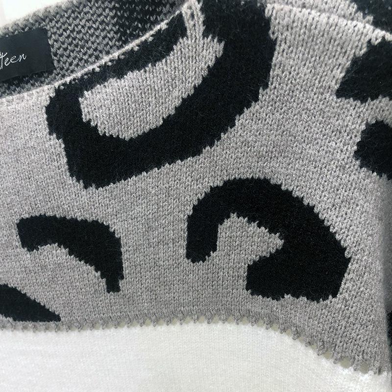 Striped Leopard Print Round Neck Pullover Sweaters Women Fashion Loose Vintage Knitted Sweater Woman Autumn Long Sleeve Casual Winter Clothing 25142