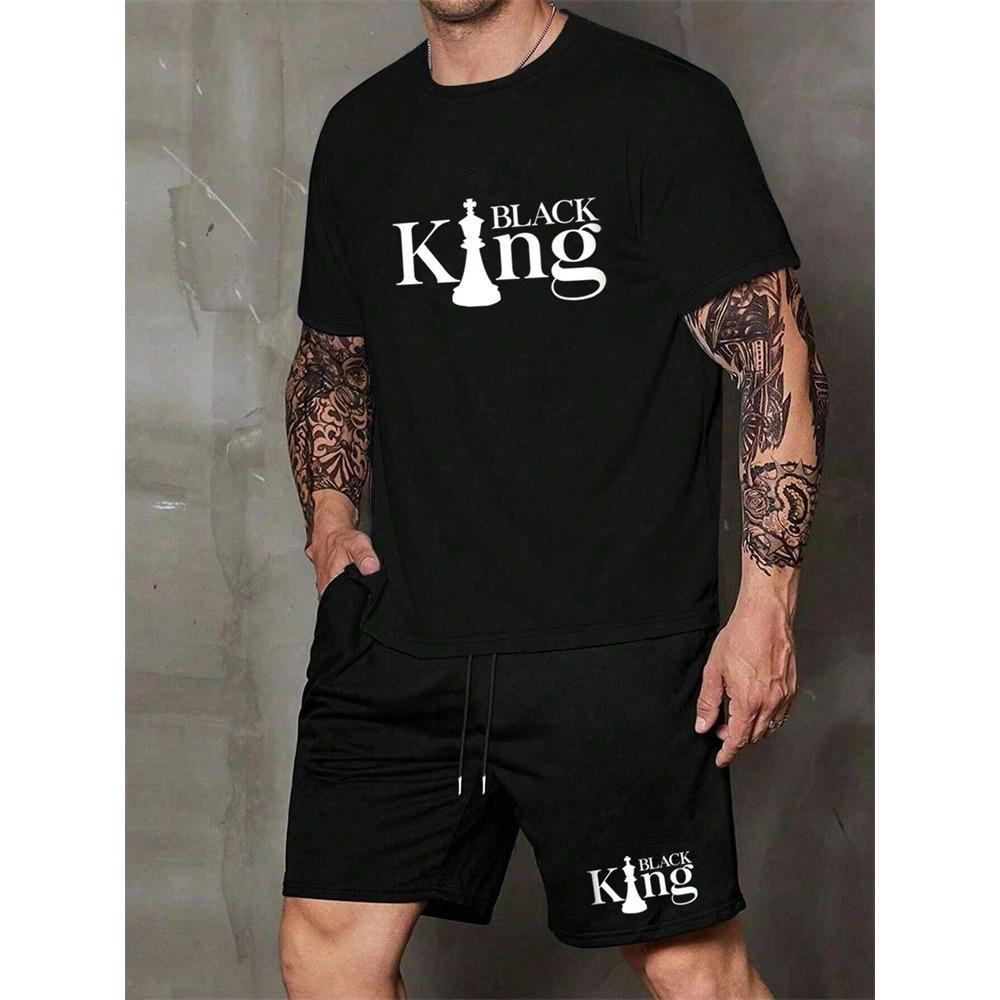 

Чоловічий комплект з шортами з коротким рукавом, модний, з принтом King, футболка, шорти, 2 комплекти повсякденного джемпера з круглим вирізом, дихаючий спортивний одяг 6XL