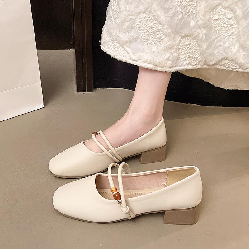 French imitation leather thick heel single shoes women's 2025 new commuter cheongsam shoes Mary Jane shoes shallow mouth medium high heels