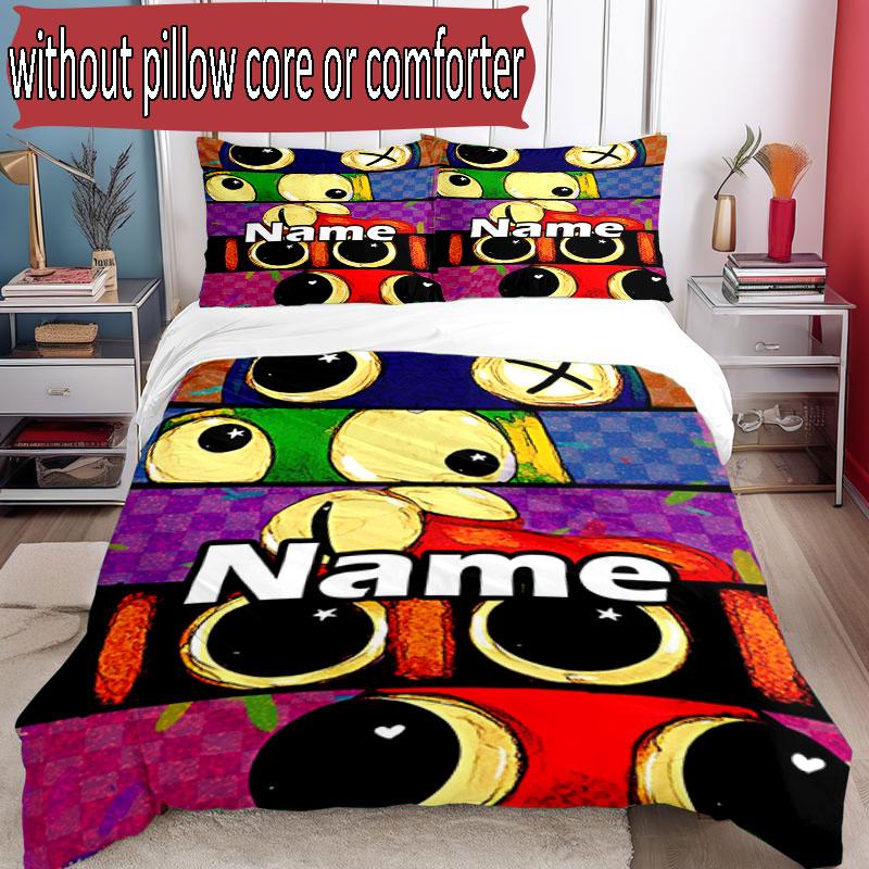 3pcs Duvet Cover Set (1*Duvet Cover + 2*Pillowcase, Without Core), Custom Name Game Rainbow Friends Pattern Bedding Set, Home Bedroom Decor Gift