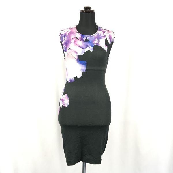

MCQ ALEXANDER MCQUEEN Tight Mini Dress/Women s Size S/Black×Purple/Floral Pattern/