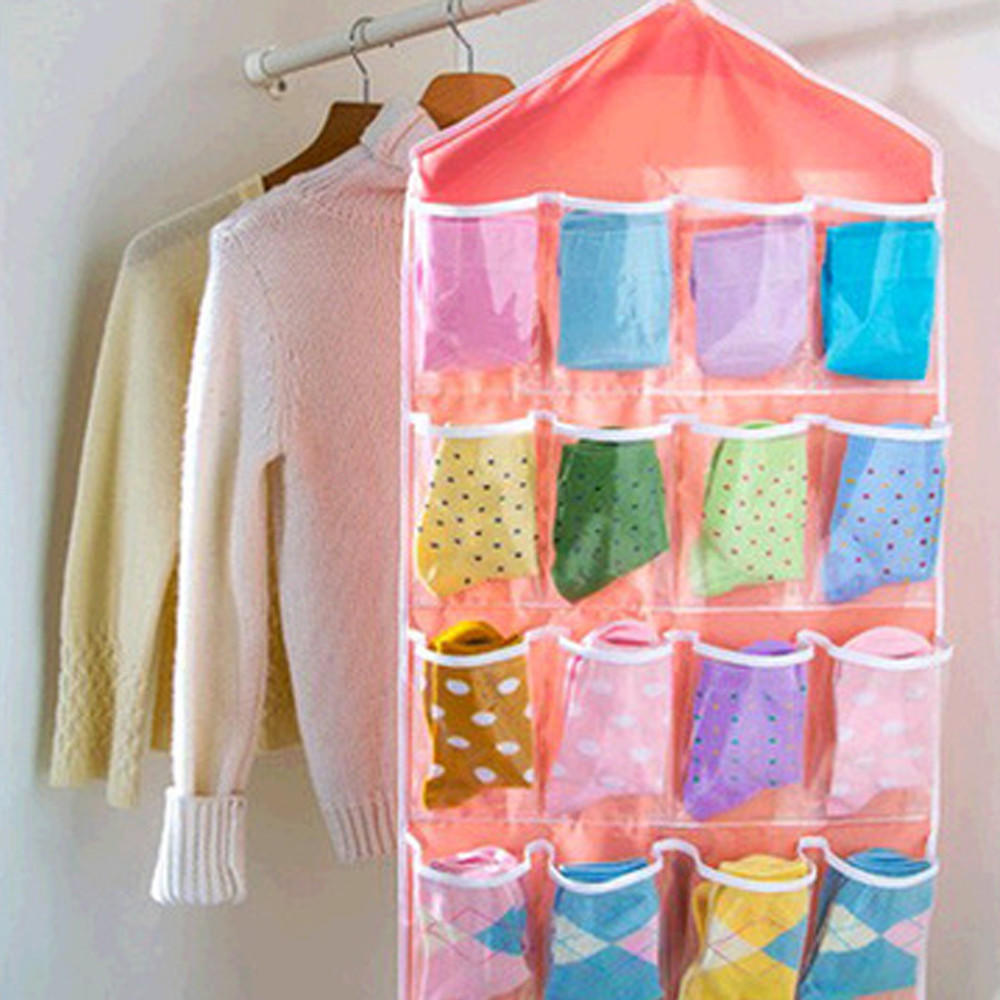 16Pockets Clear Hanging Bag Socks Bra Underwear Rack Hanger Storage Organizer