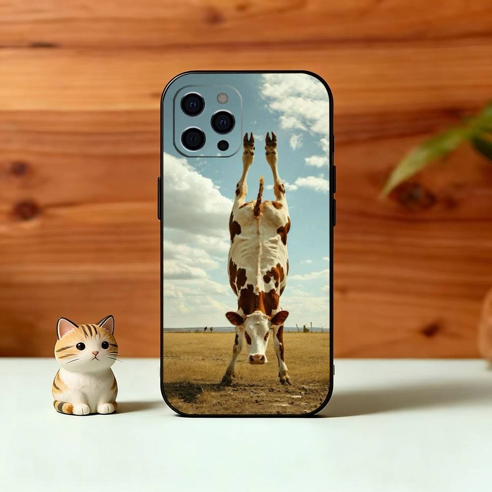 Cute Cattle Phone Case For iPhone 17,16,15,14,13,12,11 Plus,Pro Max,XS,Soft Silicone Black Cover