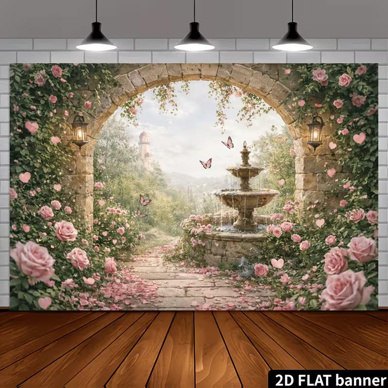 2D Romantic Rose Garden Fountain Backdrop Background Cloth