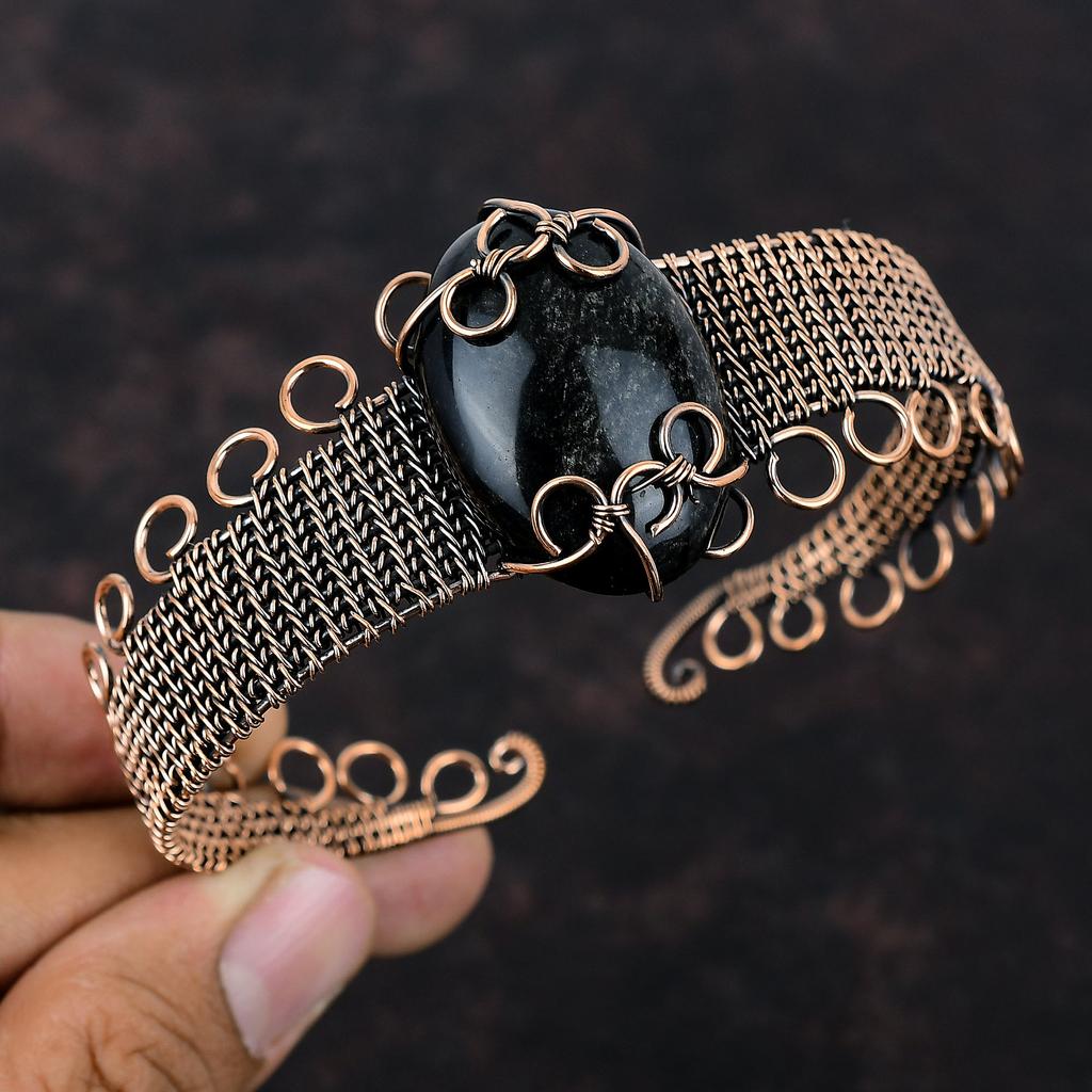 Silberglanz Obsidian Armreif Edelstein Manschettenarmband Kupferdraht Umwickelt Verstellbares Manschettenarmband Kupferschmuck Geschenk für Sie Handgemachter Armreif