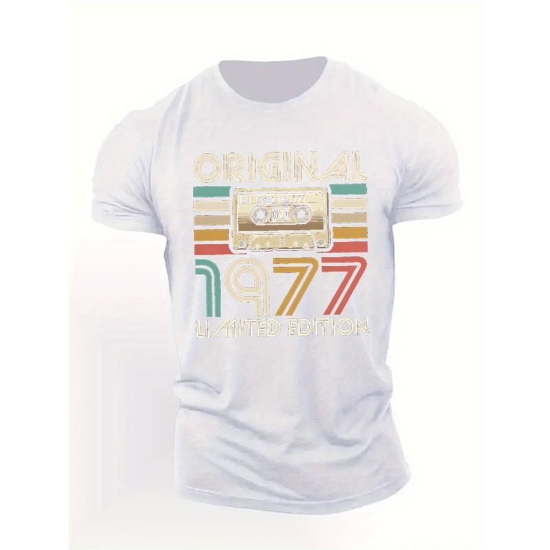 

European sizes 1977 Limited Edition Men s Vintage Cassette Graphic T-Shirt - Retro Geometric Stripes, Light Grey Regular Fit Short Sleeve Summer Top 4XL білий