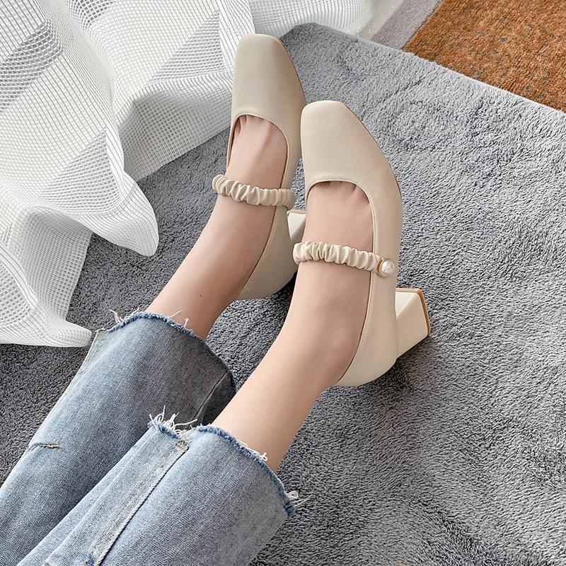Fashion Mary Jane Shoes Women's 2024 New Spring Autumn Winter Shoes Thick Heel High Heels Square Head Fairy Style Korean Versatile Flats