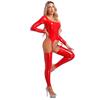 Dámské lesklé lakované spodní prádlo celotělové kombinézy Nízký čtvercový výstřih Dlouhý rukáv Otevřený rozkrok Úzké kombinézy Klubové oblečení