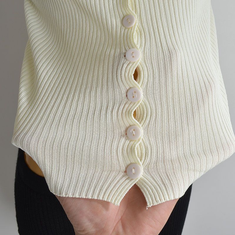 Summer Pure Color New Arrival V-neck Ruffled Sleeve Ice Silk Knitting Bottoming Cardigan Women's Clothing Fitted Waist Pleated T-shirt Tops Fashion