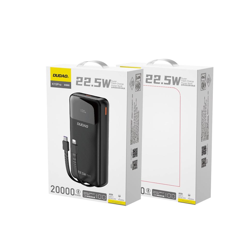 Powerbank Dudao K15Pro 20000Mah 22.5W Pd Usb-C / Usb-A / Wbudowane Kable Lightning I Usb-C - Czarny