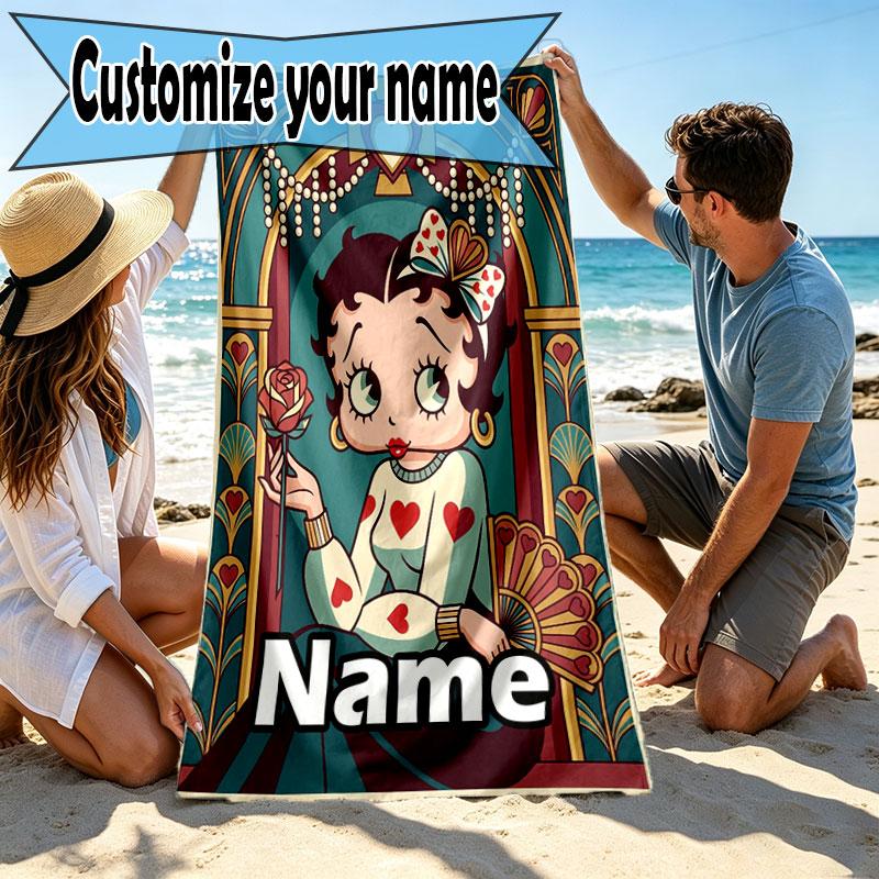 Custom Name Personalized Betty Boop Print Beach Towel, for Trip Camping Beach Party Home Decor, Birthday Gift for Family & Friends