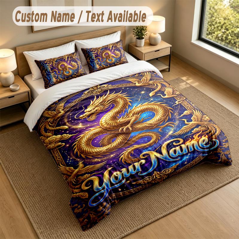 Dragon Phoenix Theme Personalized 3Pcs Bedding Set Custom Text & Name 1 Sheet 2 Pillowcases Household Bedding 1pc