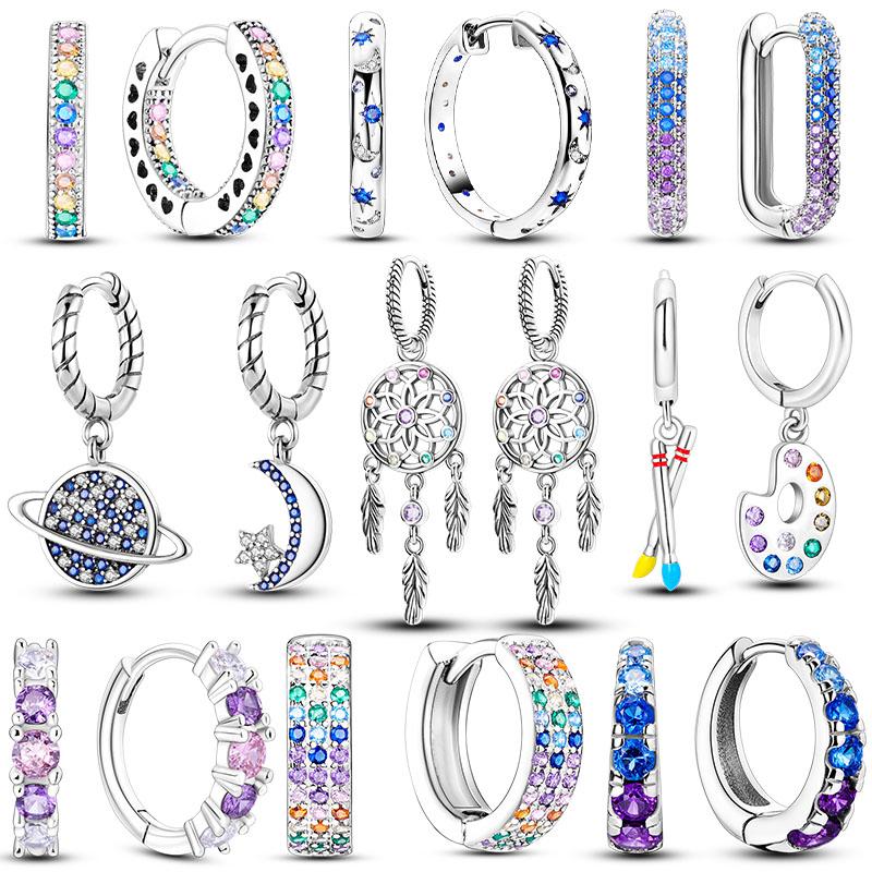 Silver Plated Hoop Earrings Moon Star Dreamcatcher Colored Zircon Fine Earring Jewelry Gift for Women