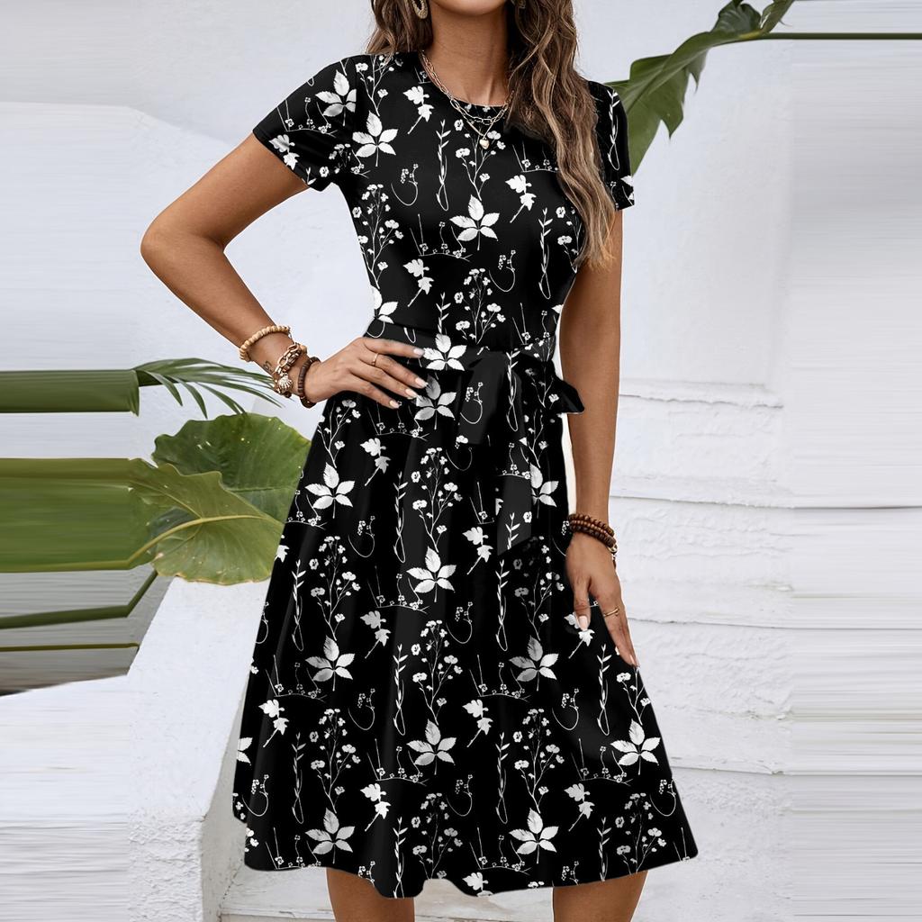 Women's Fashionable Print Round Neck Loose Short Sleeved Pocket Pullover Dress
