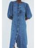 Elegant Denim Midi Dress: European & American Style, Round Neck, Short Sleeve