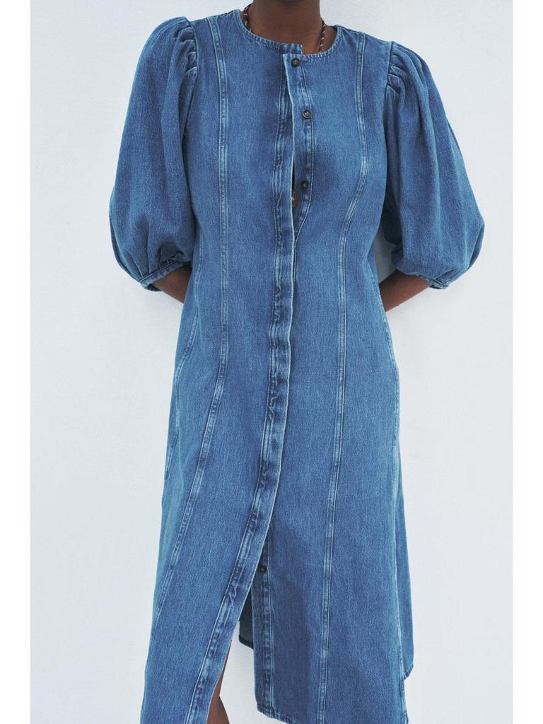 Elegant Denim Midi Dress: European & American Style, Round Neck, Short Sleeve