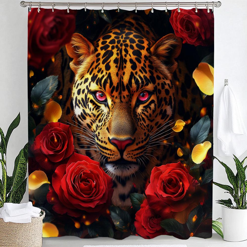 Tropical Plants, Flowers and Pink Leopards Print Waterproof Shower Curtain Hanging Curtain 12 Hooks Decoration Machine Washable