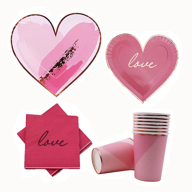 8pcs Valentine's Day Disposable Tableware Disposable Paper Plate Cute Pink Love Shape for Wedding Birthday Decor Party Supplies