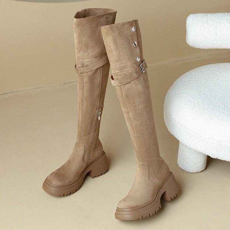 Over-knee Boots Women's Thick-soled Heightened Merad Long Boots Thick-soled Large-tube Circumference Widened Fat Mm Large-size Western Boots