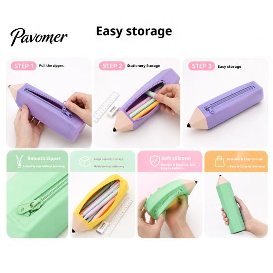 Multipurpose Storage Bag Students Silicone Pencil Case with Zipper, Waterproof Shaped School Stationery Pouch, Large Organizer for Pens, Erasers,
