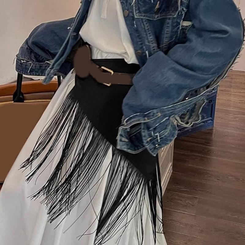 Hip Scarf Waistband Fringe Tie Belt Waist Cincher For Women Fashionable Outfits Skirt Wrap Clothing Black