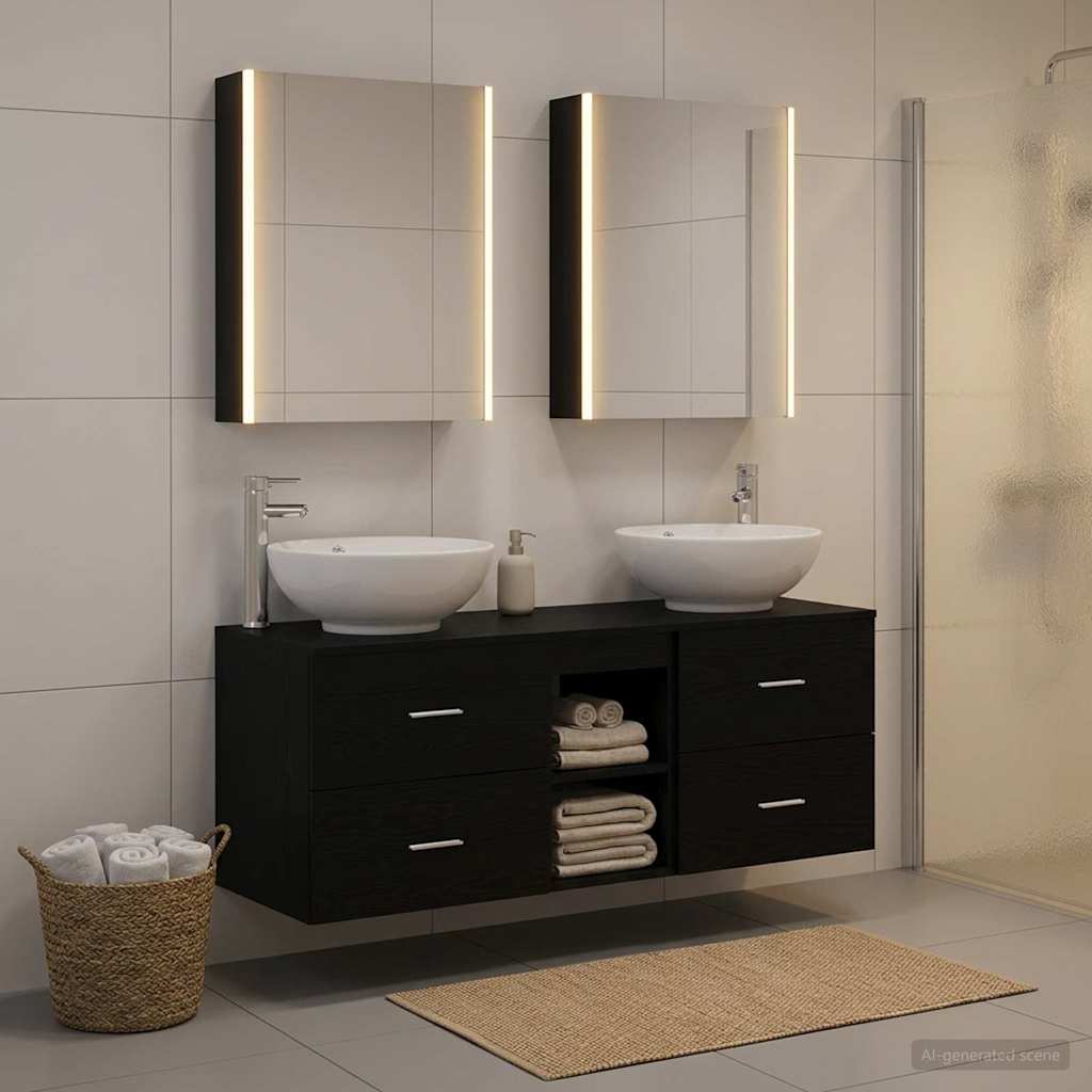 5 Piece Bathroom Furniture Set Black Oak Engineered Wood and Glass