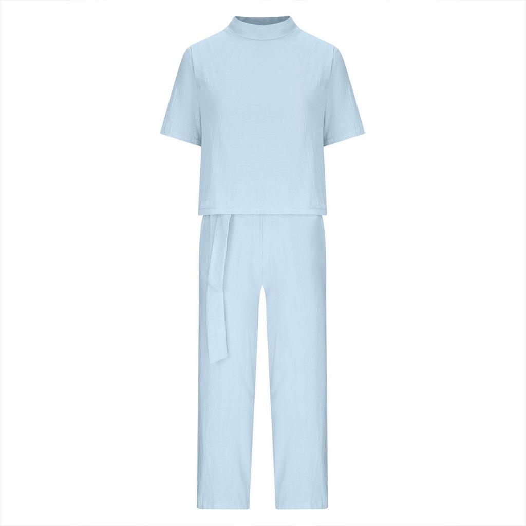 European & American Plus Size Women's Casual Summer Two-Piece Set with Short Sleeve Round Neck