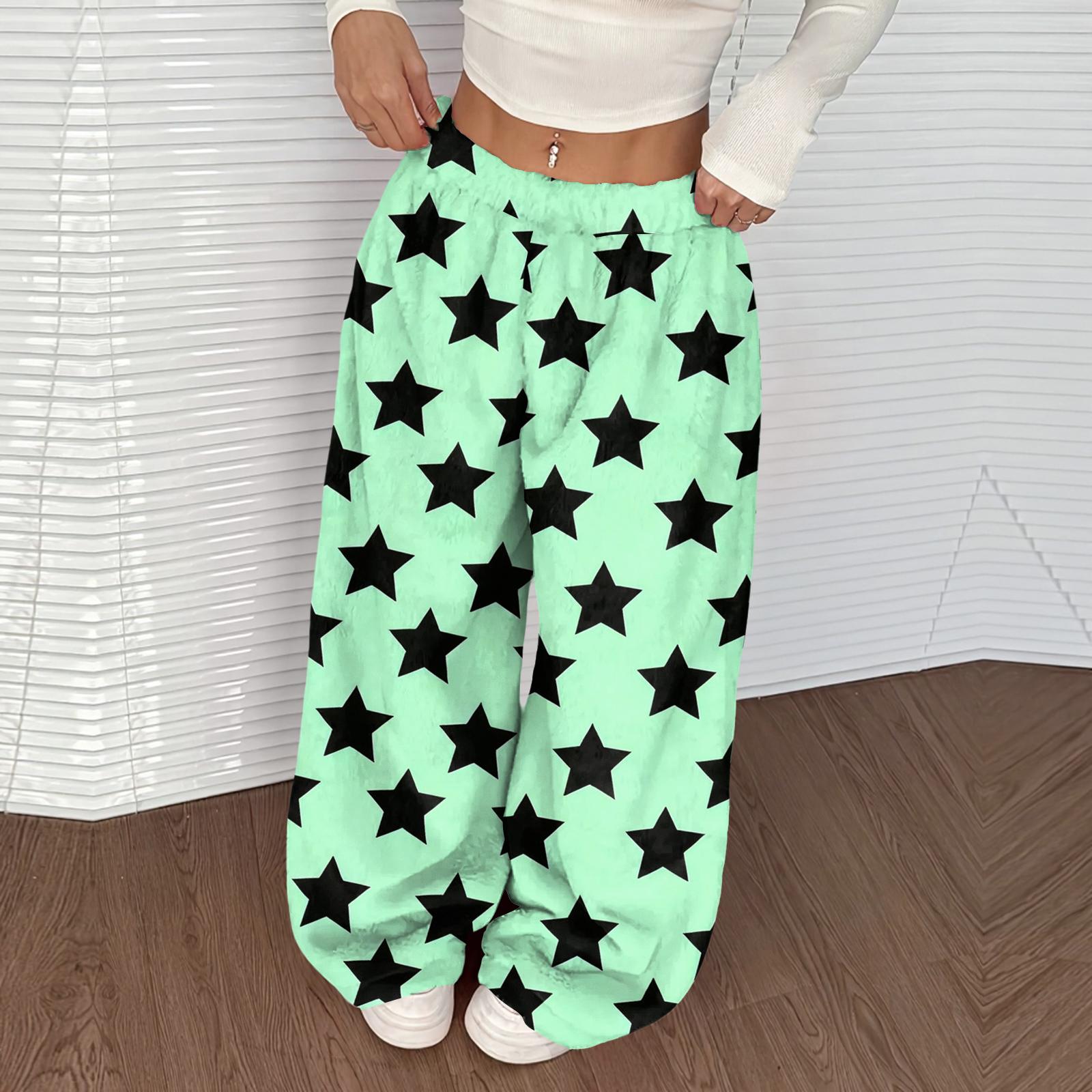 

Women s Casual And Fashionable Printed Elastic Waist Loose Wide Leg Pants S зелёный
