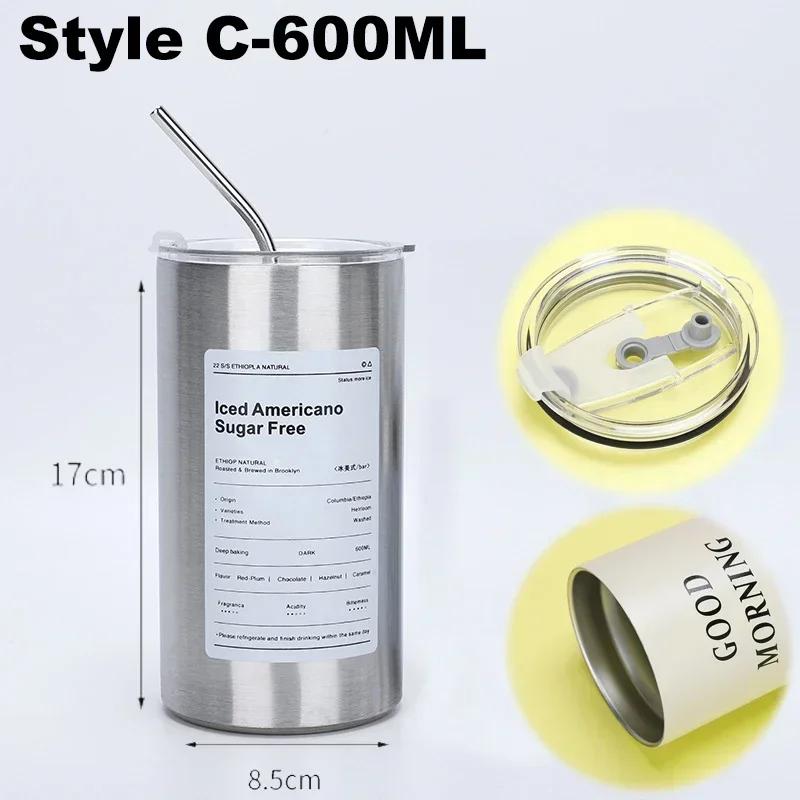 304 Stainless Coffee Cup Steel Double -layer Thermos Cooler Straw Cup Portable Reusable Ins Ice American Coffee Mug Water Bottle