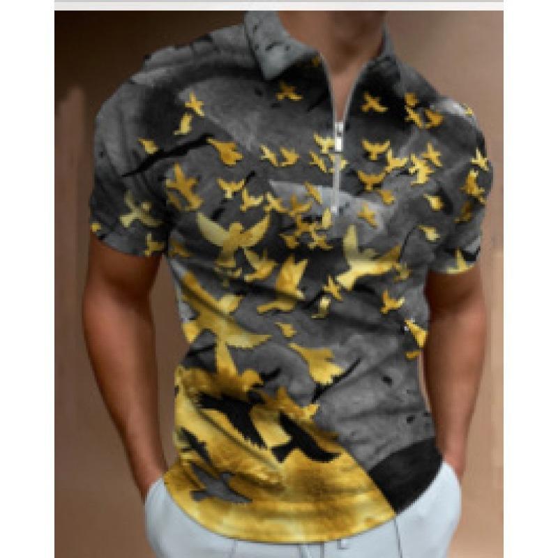 Trendy Chain Print Short Sleeve Polo Shirt, Zip Collar, Fashion Casual Top