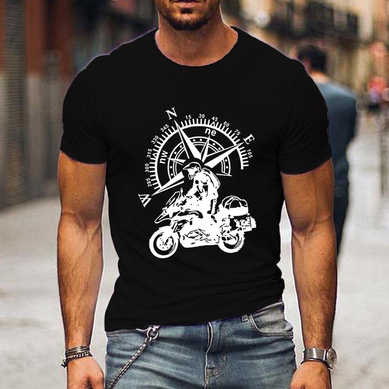 Funny Motorbike T-Shirt Men's Mountain Adventure T Shirt Hip Hop Streetwear Short Sleeve Top Motorcycle Travel Compass Tshirt