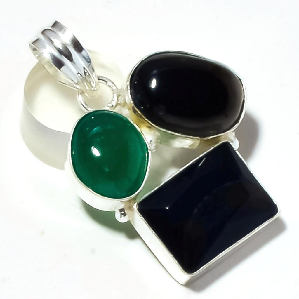 Pendentif Pierre Précieuse Spinelle Noire Onyx Noir & Vert Bijoux Fait Main 1.7" P4d78
