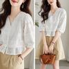 [SYitong] Lace Top, Short Sleeve, Floral Blouse, White, V-Neck, Summer, Embroidery, Cute, Openwork, Fluffy, Figure-Flattering, Slimming, Simple, Styli