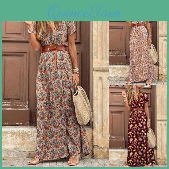 Womens Bohemian Swirl Dress In Print With Large Ruffles Short Sleeves And Furrow Ruffles With Work Belt